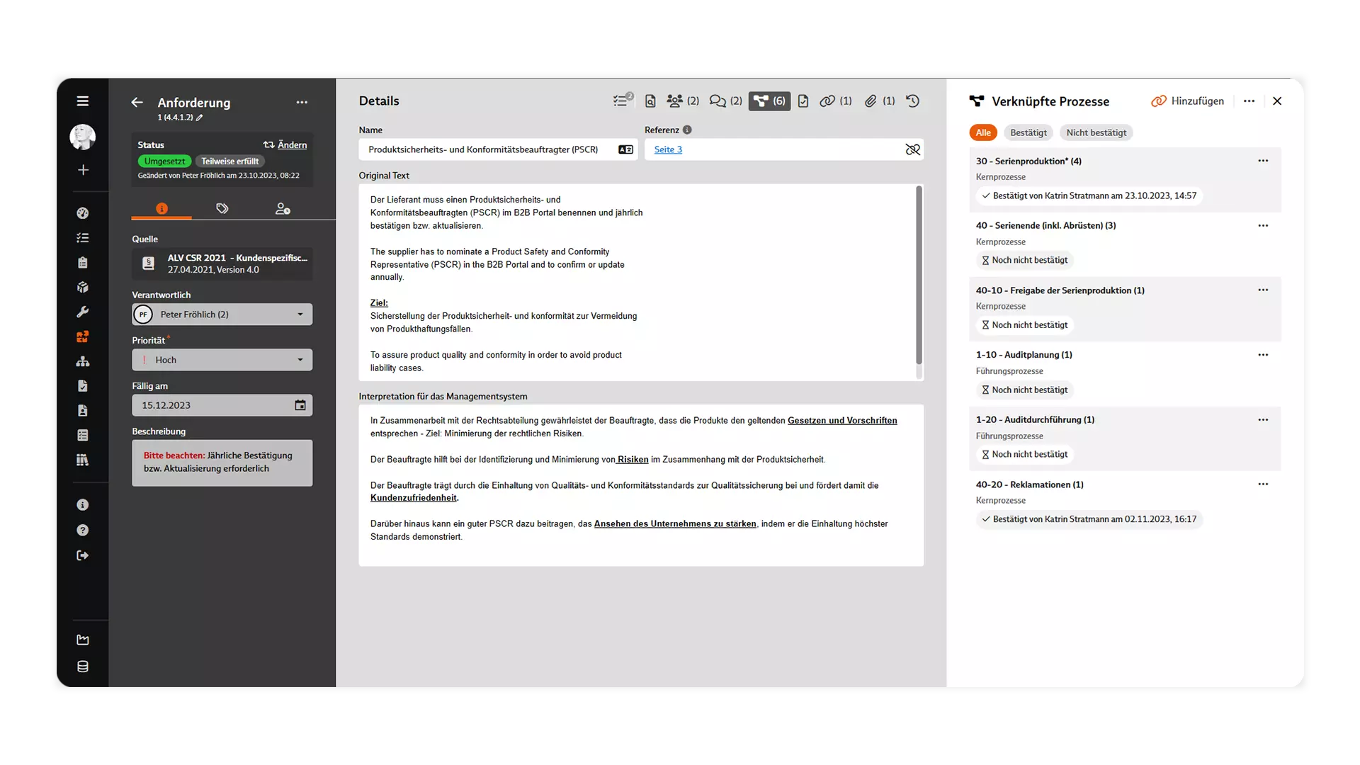 Zusammenspiel des Anforderungsmanagements und anderer Module Screenshot: Verknüpfte Prozesse einer dokumentierten Anforderung