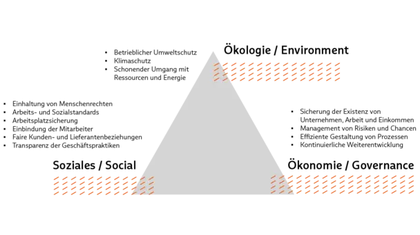 Dreieck mit Notizen zu den Dimensionen Ökologie, Ökonomie und Soziales