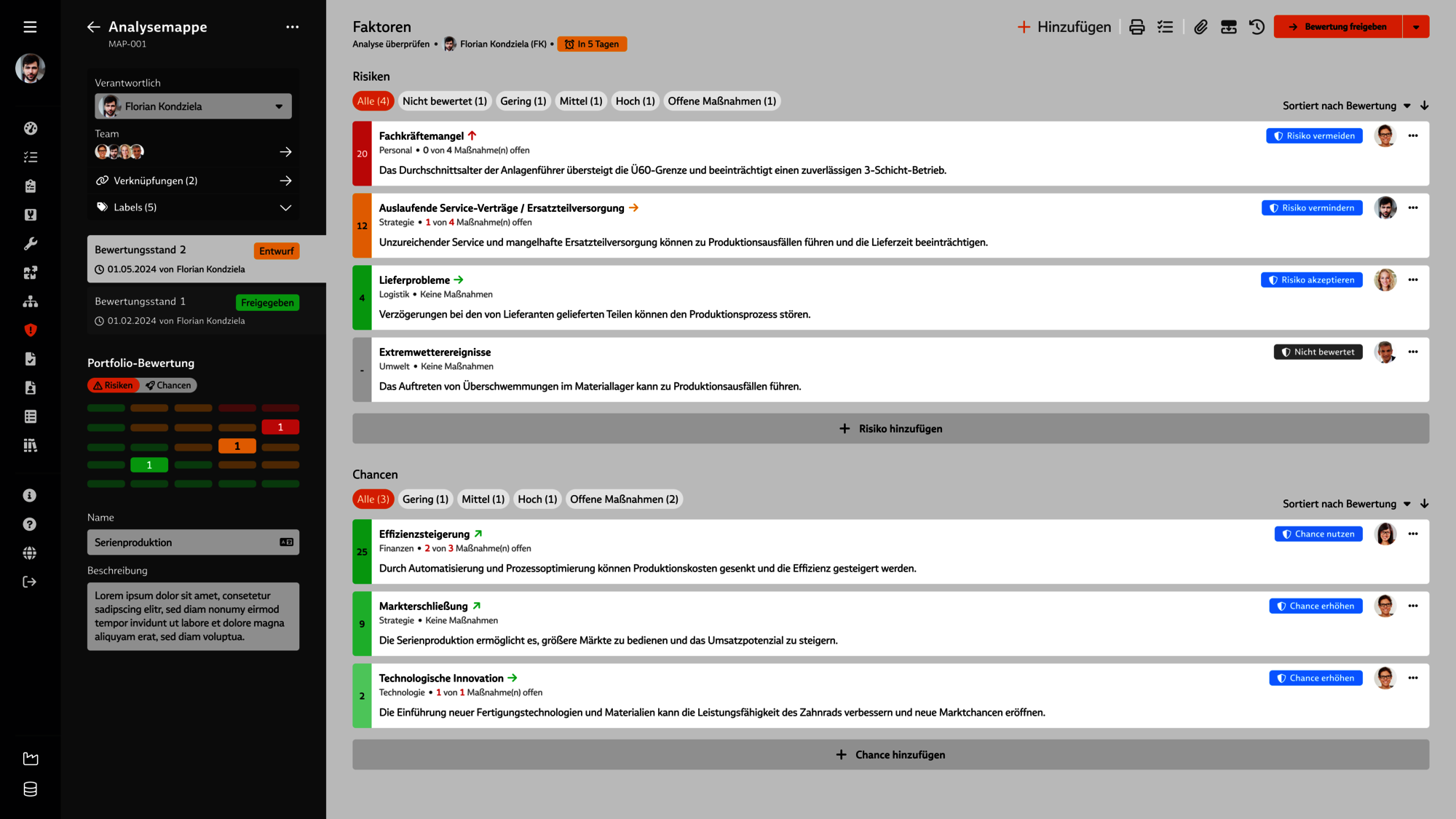 Screenshot der Analysemappe im Modul "Risikomanagement" der Babtec-Software