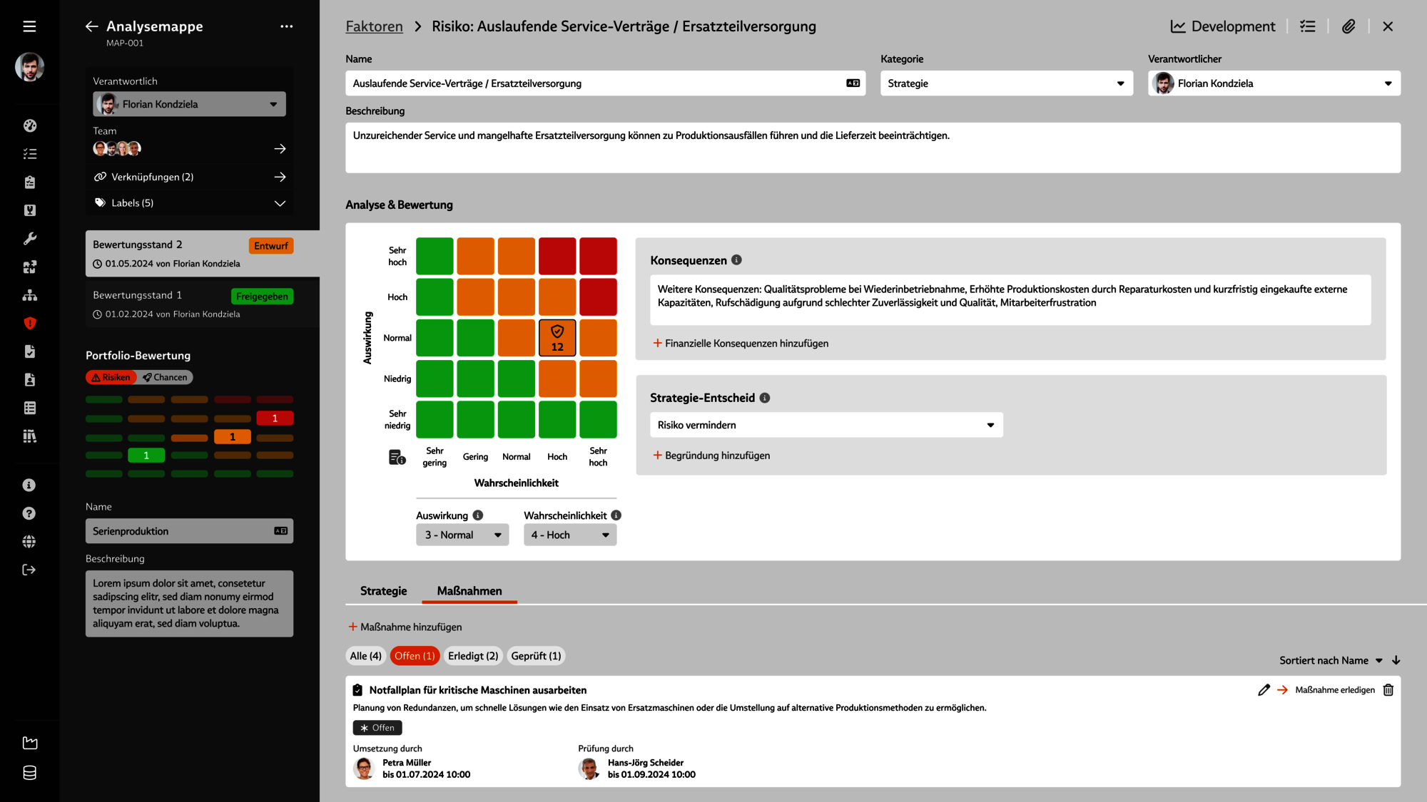 Screenshot der Risikoanalyse im Modul "Risikomanagement" der Babtec-Software