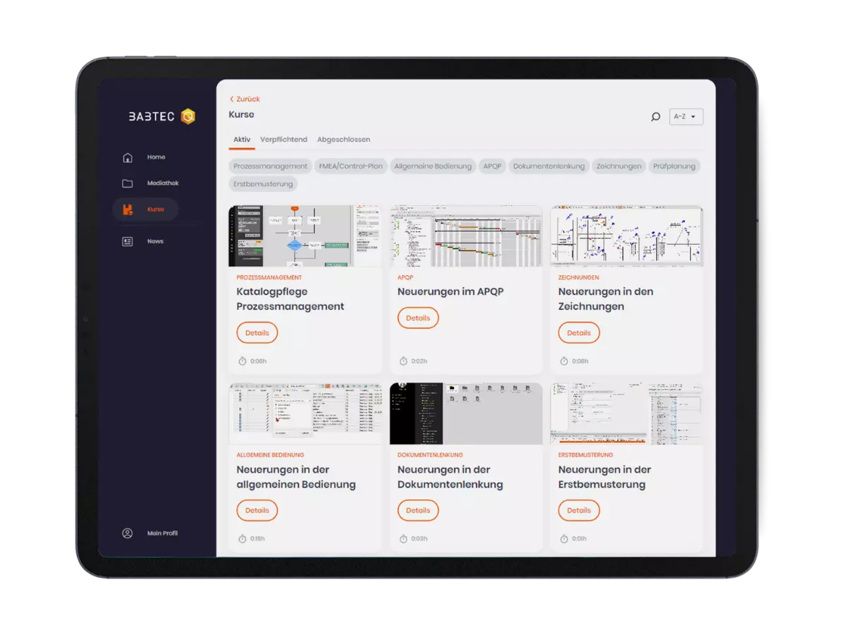 Tablet, darauf ist die Lern-App von Babtec zu sehen