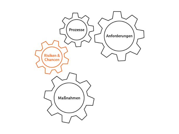 Icon: Ineinandergreifende Zahnräder mit den Begriffen Anforderungen, Prozesse, Risiken & Chancen, Maßnahmen