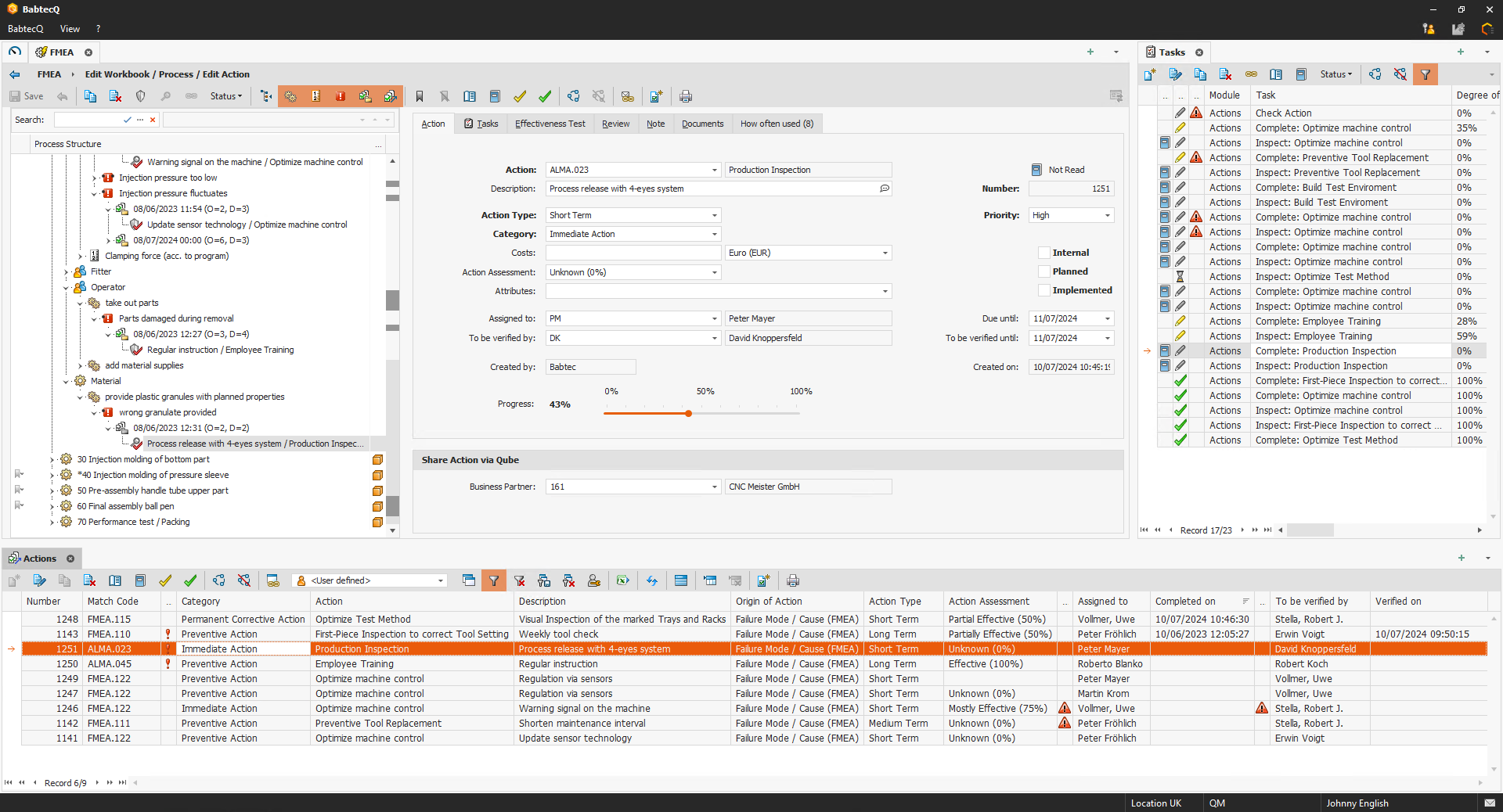 FMEA in the QM Software BabtecQ: Actions