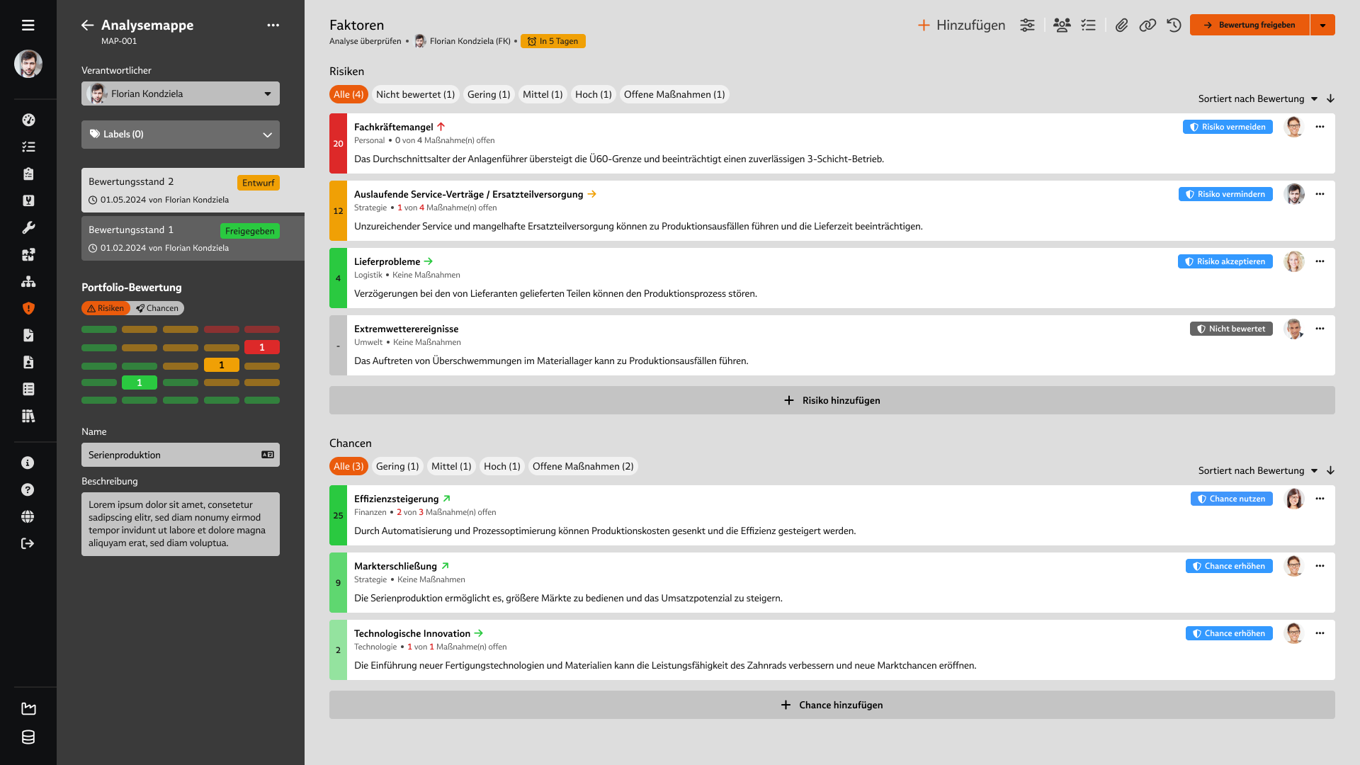 Screenshot der Analysemappe im Modul "Risikomanagement" der Babtec-Software