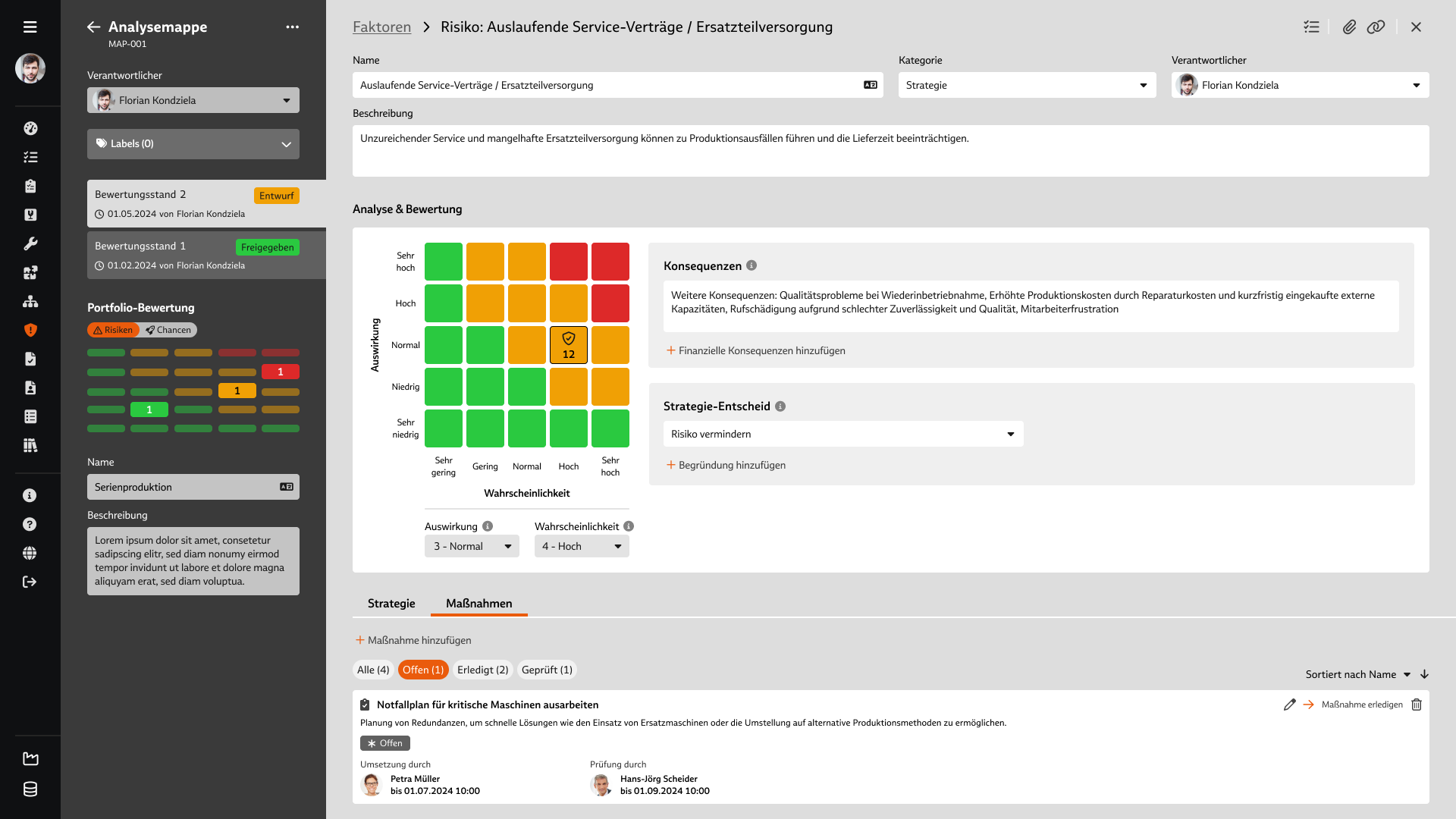 Screenshot der Risikoanalyse im Modul "Risikomanagement" der Babtec-Software